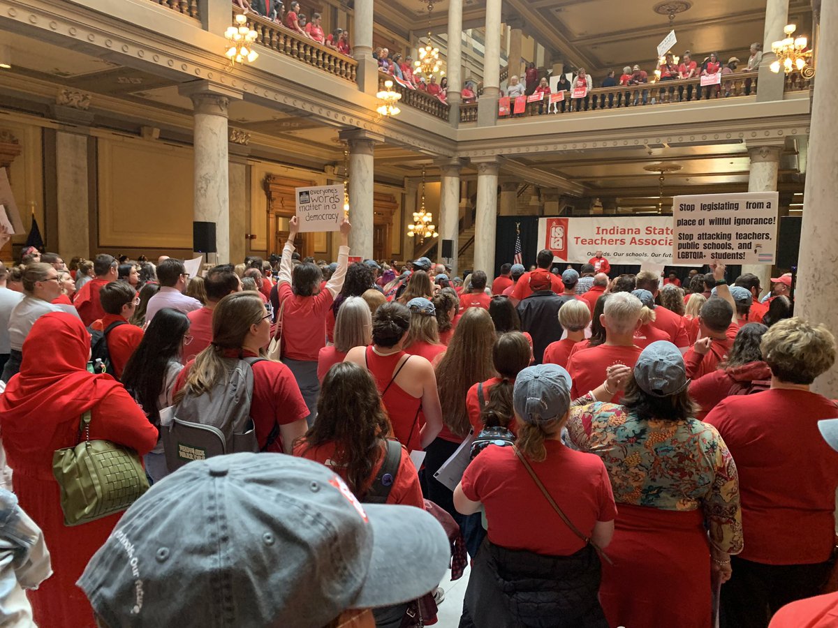 Indiana State Teachers Association…Rally at Statehouse. They are here to voice their position on several bills.  Says the legislature has demoralized the profession with some of its proposals, regarding funding and teachers being able to discuss issues with administrators.