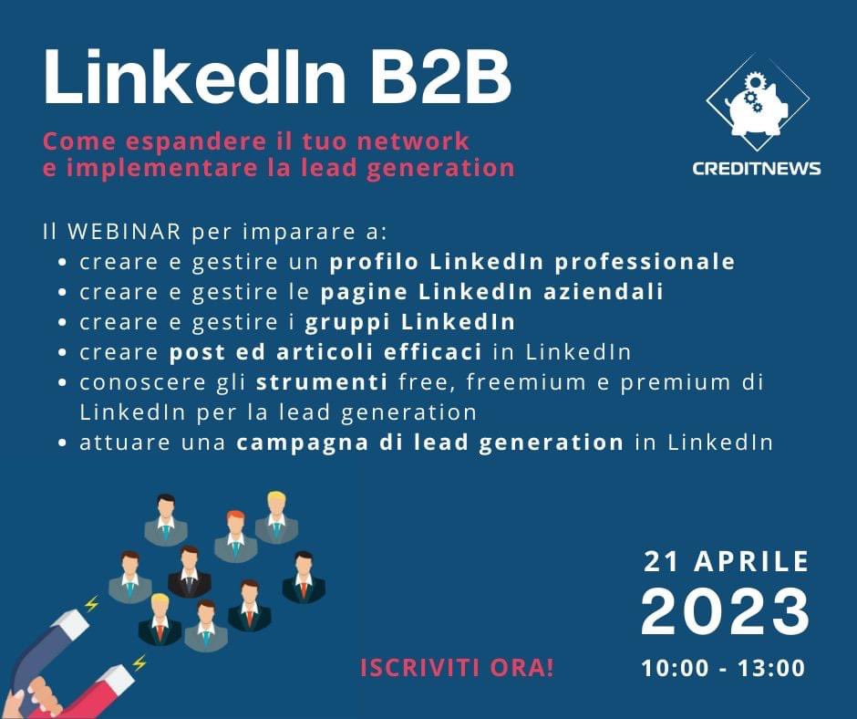𝗪𝗘𝗕𝗜𝗡𝗔𝗥 𝗟𝗶𝗻𝗸𝗲𝗱𝗜𝗻 𝗕𝟮𝗕
Lo sapevi che #LinkedIn è fondamentale per la costruzione della tua #leadgeneration ?

SAVE THE DATE
🗓️ 21 APRILE 2023
Iscriviti Subito 👉 bit.ly/3zTKQnm

 #linkedin #formazione #formazioneonline