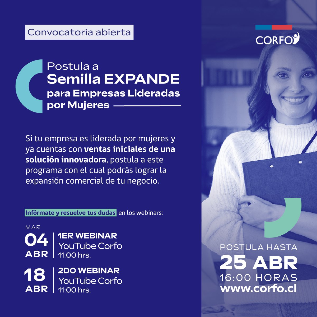 Sigue creciendo con tu proyecto innovador 📷 Busca el impulso necesario con el programa Semilla Expande para Empresas lideradas por Mujeres 📷 
Postula: bit.ly/3TSirax
Webinar 2: bit.ly/3JKdQm4