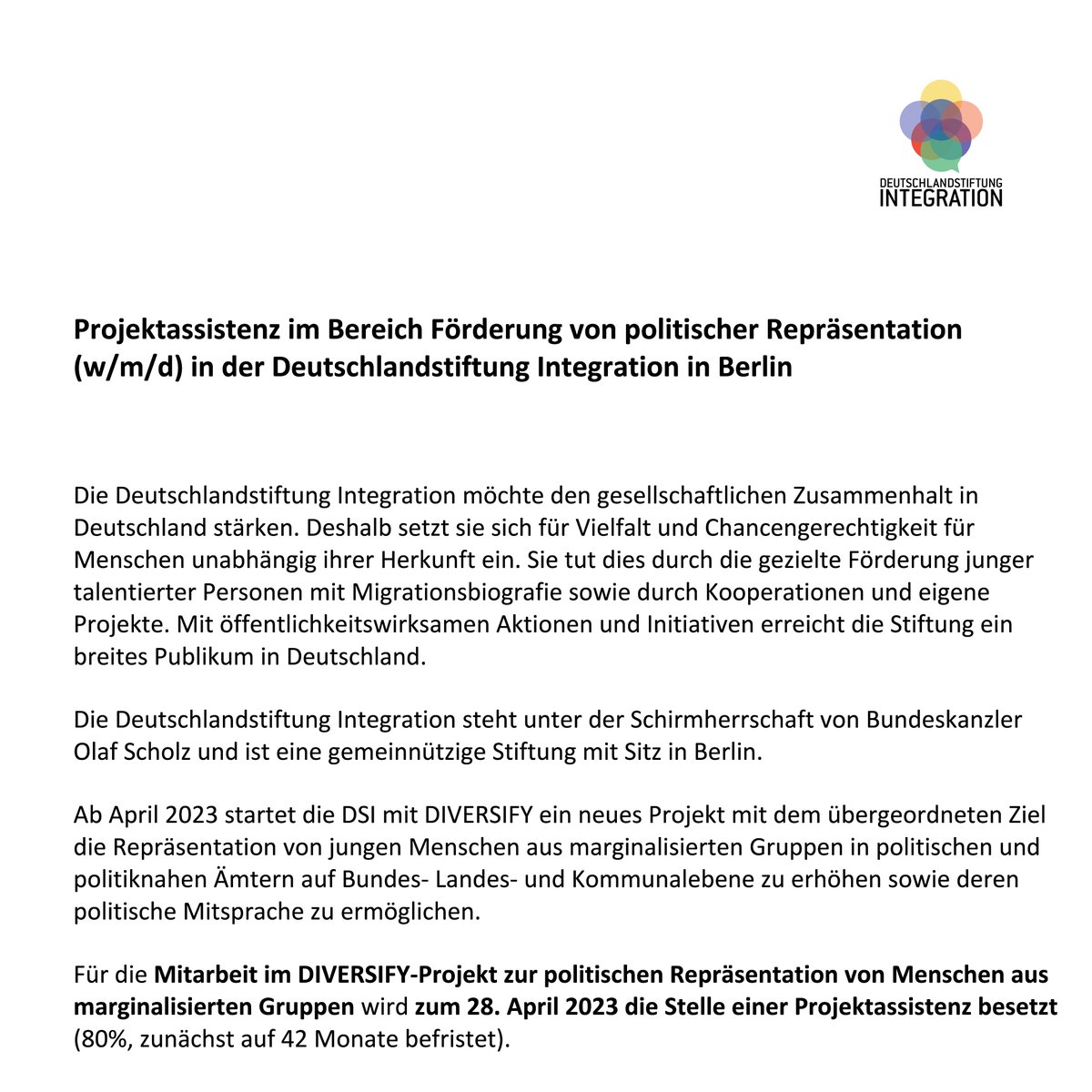 tweet_kul's tweet photo. DSI Deutschlandstiftung #Integration gGmbH sucht #Projektassistenz (m/w/d) im Bereich Förderung von politischer Repräsentation in #Berlin,Frist: 28.04.2023
➡️https://t.co/TjaDKFVHVj

#Job #stellenanzeige #Projektmanagement #DIVERSIFY #politischeBildung #Kulturjobs @DSIntegration https://t.co/1Bbohn7WZB