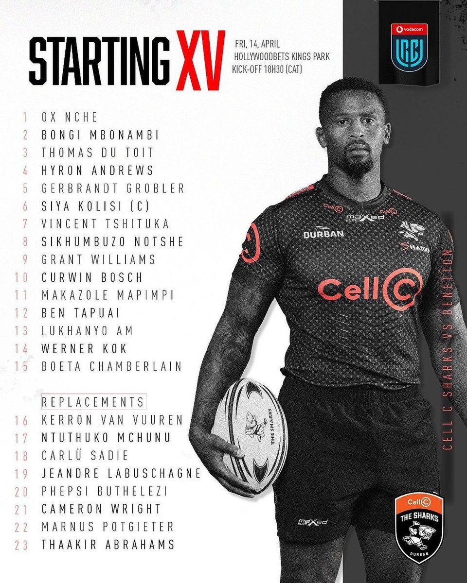 TEAM RELEASE
Our Cell C Sharks lineup is set for round 17 of The #VURC 
bit.ly/3KG8MQi
#FearTheFin #SHAvBEN