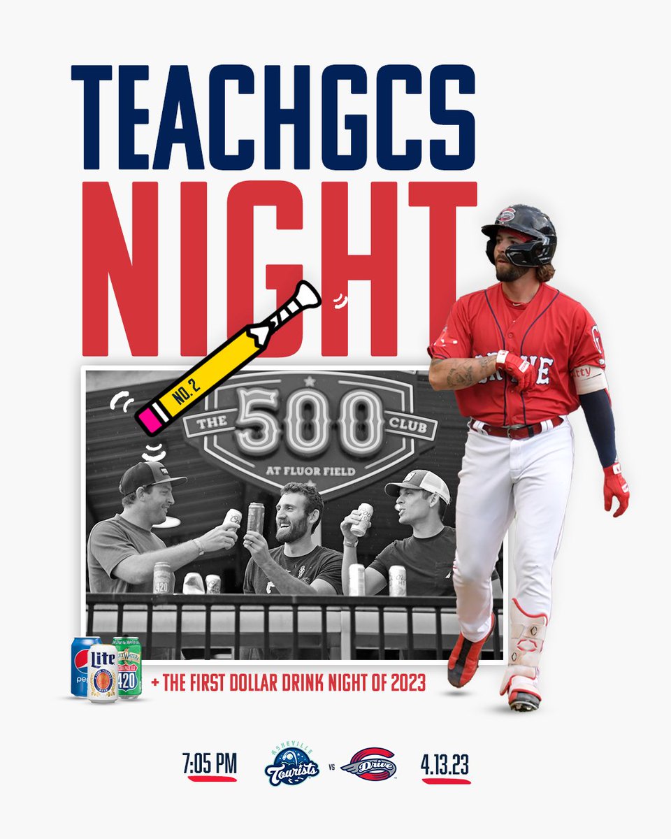 GreenvilleDrive's tweet photo. Pencil (bat) flipping like it's recess tonight...
#TeachGCS Night at Fluor Field as we celebrate teachers of the upstate.
Oh, and it's Dollar Drink Night 👀
$1 Pepsi, $2 Miller Lite, $4 SweetWater 420 https://t.co/Old6NuWnyr