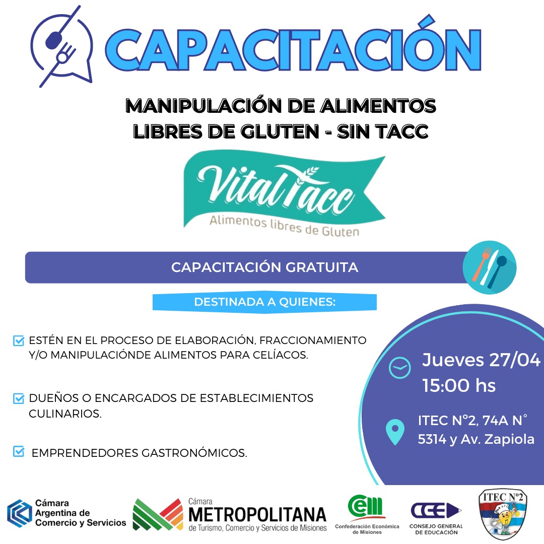 Con el acompañamiento de <a href="/CACteinforma/">CAC</a> y VitalTacc, te esperamos en el ITEC Nº2 de Posadas para esta capacitación.

¿Cuándo?  jueves 27/04
¿Hora?  15:00hs
En el Instituto Tecnológico Nº2, Posadas.

🚀 Link de inscripción: en nuestra biografía 🚀

¡Te esperamos! 🥄👩🏻‍🍳👨🏽‍🍳