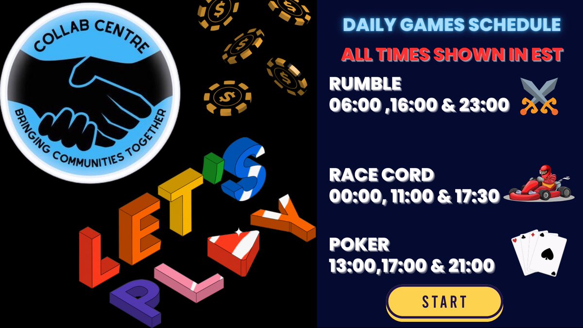 🚨New Daily Games Schedule🚨
Come get involved! 
#games #NFT #schedule #prizes #racecord #Rumble #poker