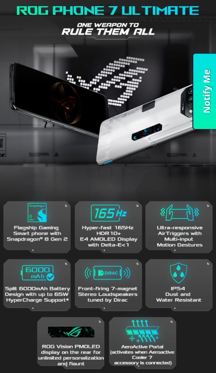 TheGTAVIRadar's tweet photo. Asus Rog Phone 7 Ultimate Launched in India

🔴16GB + 512GB : Rs. 99,999

6.78-inch FHD+ 165Hz OLED 
1500 nits
Victus protection
SD 8 Gen 2
LPDDR5X/UFS 4.0
Android 13 : ROG UI &amp; Zen UI
50MP IMX766+13MP UW+5MP
32MP front
In-display FPS
IP54
6000mAh+65W 
#ASUSROGPhone7Ultimate https://t.co/Xpm13MSzMD