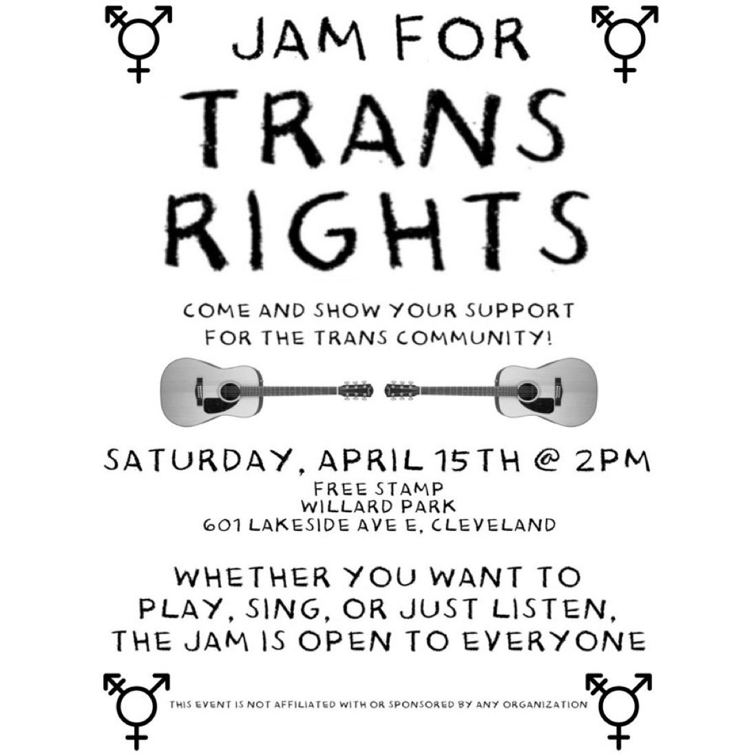 CLEprotest's tweet photo. 🚨THIS SATURDAY🚨

🎶Jam for Trans Rights🎶

Saturday, April 15th @ 2pm
Free Stamp (Willard Park)

Whether you want to play, sing, or just listen, this jam is open to everyone! 

Come show your support for the trans community🏳️‍⚧️ https://t.co/2tpOBKxZEr