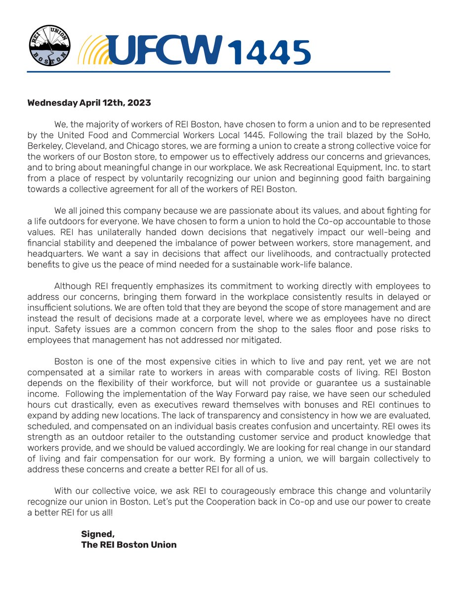 Yesterday, we submitted a letter to REI management. In it, we asked that the company voluntarily recognize the union that a supermajority of our coworkers want to form here at REI Boston.

You can read that letter in its entirety here: