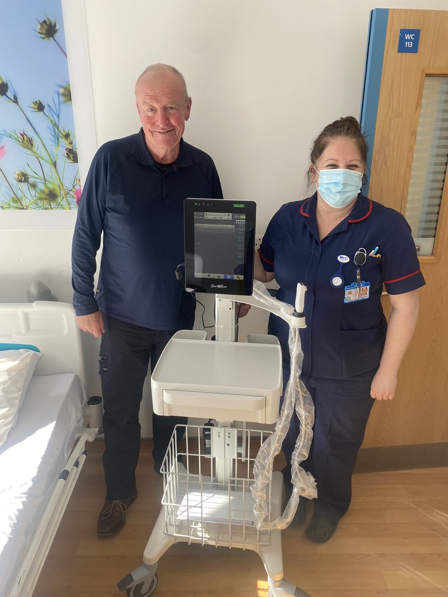 jennyloumilner's tweet photo. It’s arrived!!! Thank you to Jon, one of our long standing patients who generously contributed towards buying our ultrasound machine, meaning that we can find difficult veins easier! Here he is having the first go  @charity_shc @kimorchard7 @WessexBMTCT @saraloumain https://t.co/CBihgr8cEX