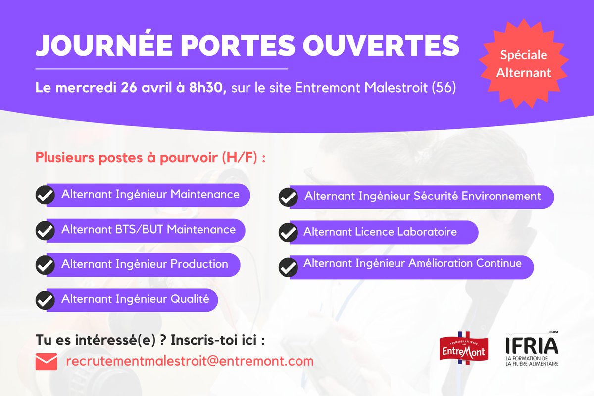 🔎 A la recherche d’une alternance dans l’#agroalimentaire ? @Entremont_Fr Malestroit (56) organise une porte ouverte spéciale #alternant mercredi 26 avril à 8h30. Tu es intéressé ? Indique ta participation par mail ! 👇 #alternance #recrutement #bretagne