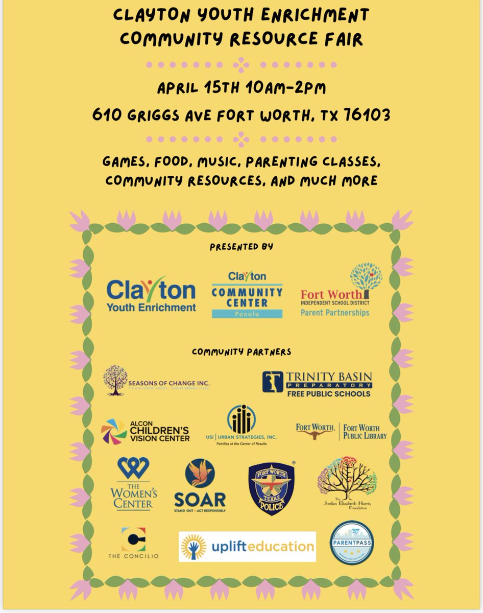 Clayton Youth Enrichment will be hosting a community resource fair this Saturday, April 15, 2023 from 10am-2pm.  Bring your families and come out for a great time of games, food,  resources and more.  Please see flyer for more information.