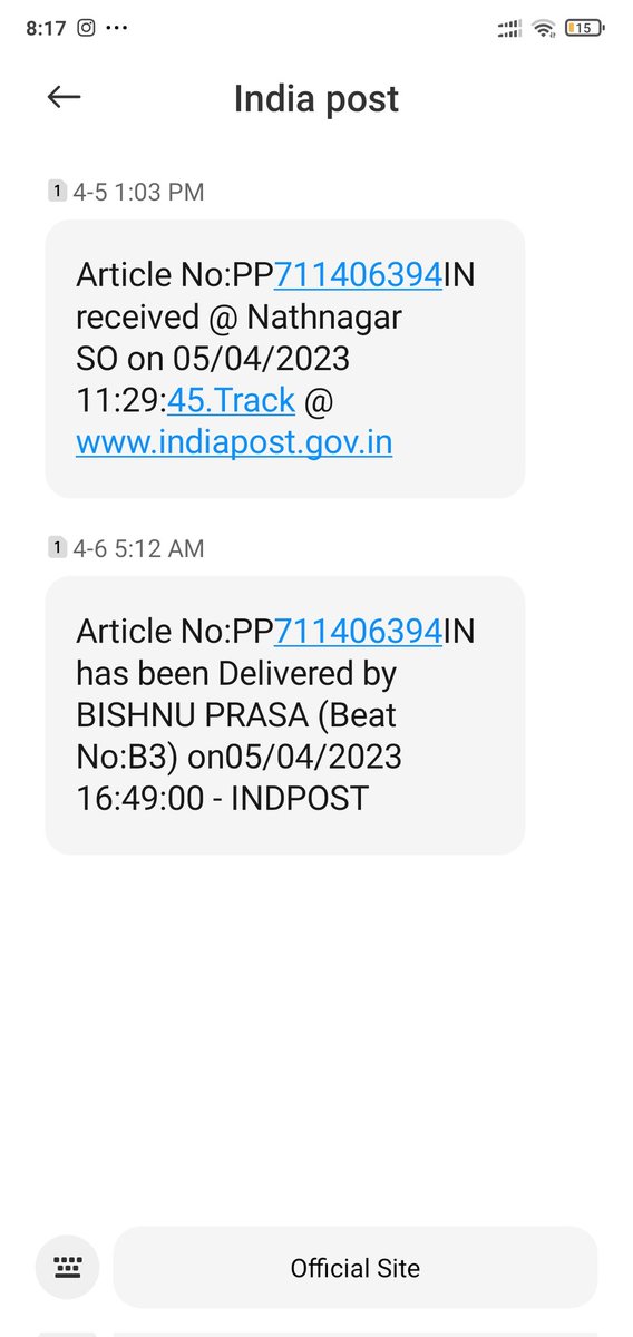 natya_arman's tweet photo. @IndiaPostOffice 
I got sms that your article is delivered by Bishnu Prasa on 05/04/2023 but till now I haven't received my article.

That article is very important for me as it has very important document. 

Article No:- PP711406394IN

I want my article as soon as possible. https://t.co/Zr5aCbDlSb