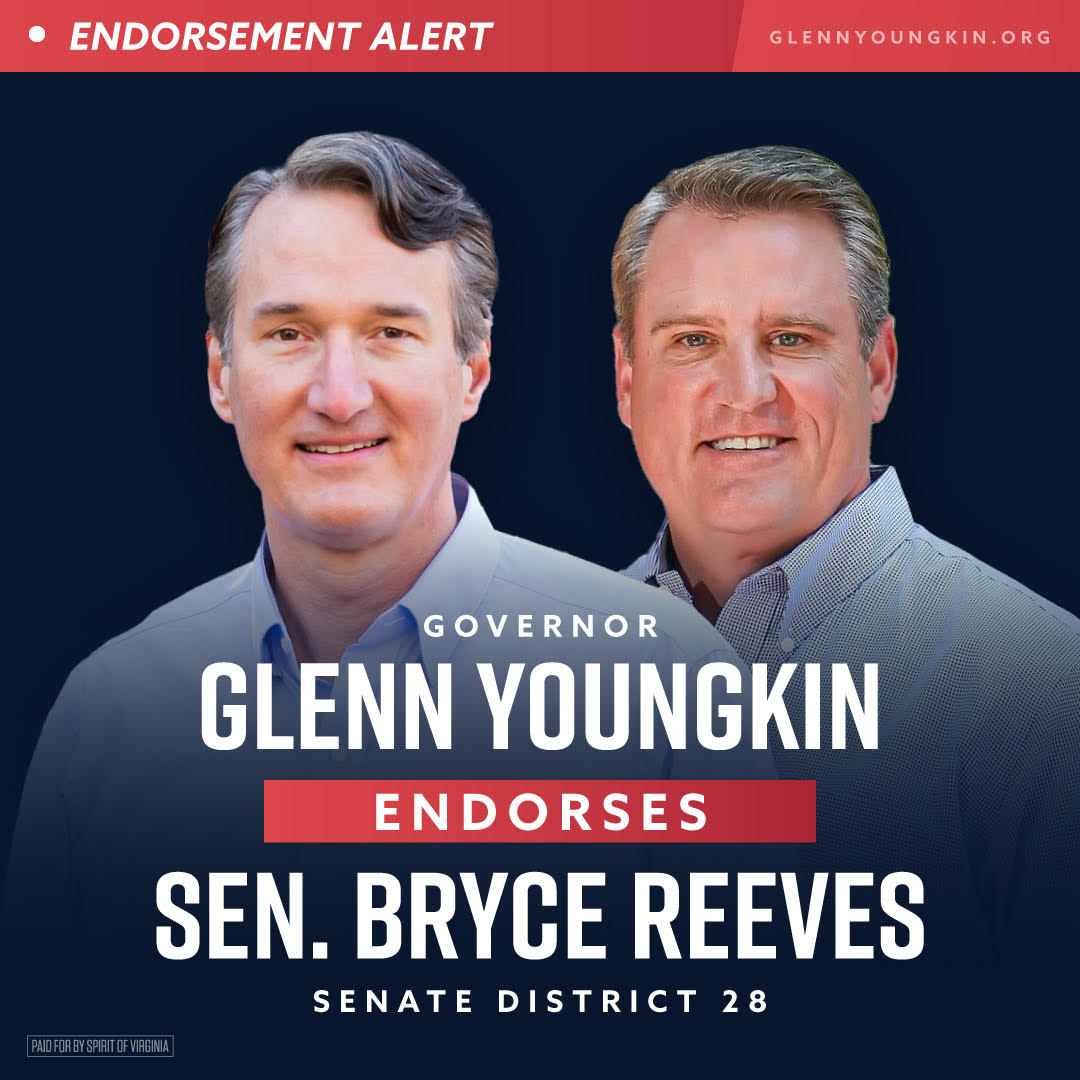 ReevesVA's tweet photo. **Endorsement Alert** Virginia Governor @GlennYoungkin endorses VA Senator Bryce Reeves in the 28th District Republican Primary. Vote May 6th, find details here -> https://t.co/0uQl6V9WKc
#SpiritofVirginia #GlennYoungkin #BryceReeves #ResultsnotRhetoric #Virginia https://t.co/zTb3dQtqQS