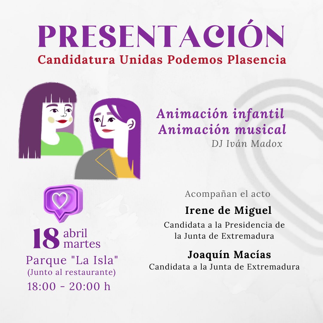 PlasenciaUnidas's tweet photo. 👏🏼 El martes nos arrejuntamos para celebrar

🤗 Con sesión de música en directo, actividades para los peques por si venís en familia y un espacio abierto para todxs donde hablaremos de la #Plasencia que nos merecemos

📍Martes 18 Abril, de 18 a 20 h en 🌳 La isla ¡Nos vemos👏🏼 ! https://t.co/V207i2JPtz