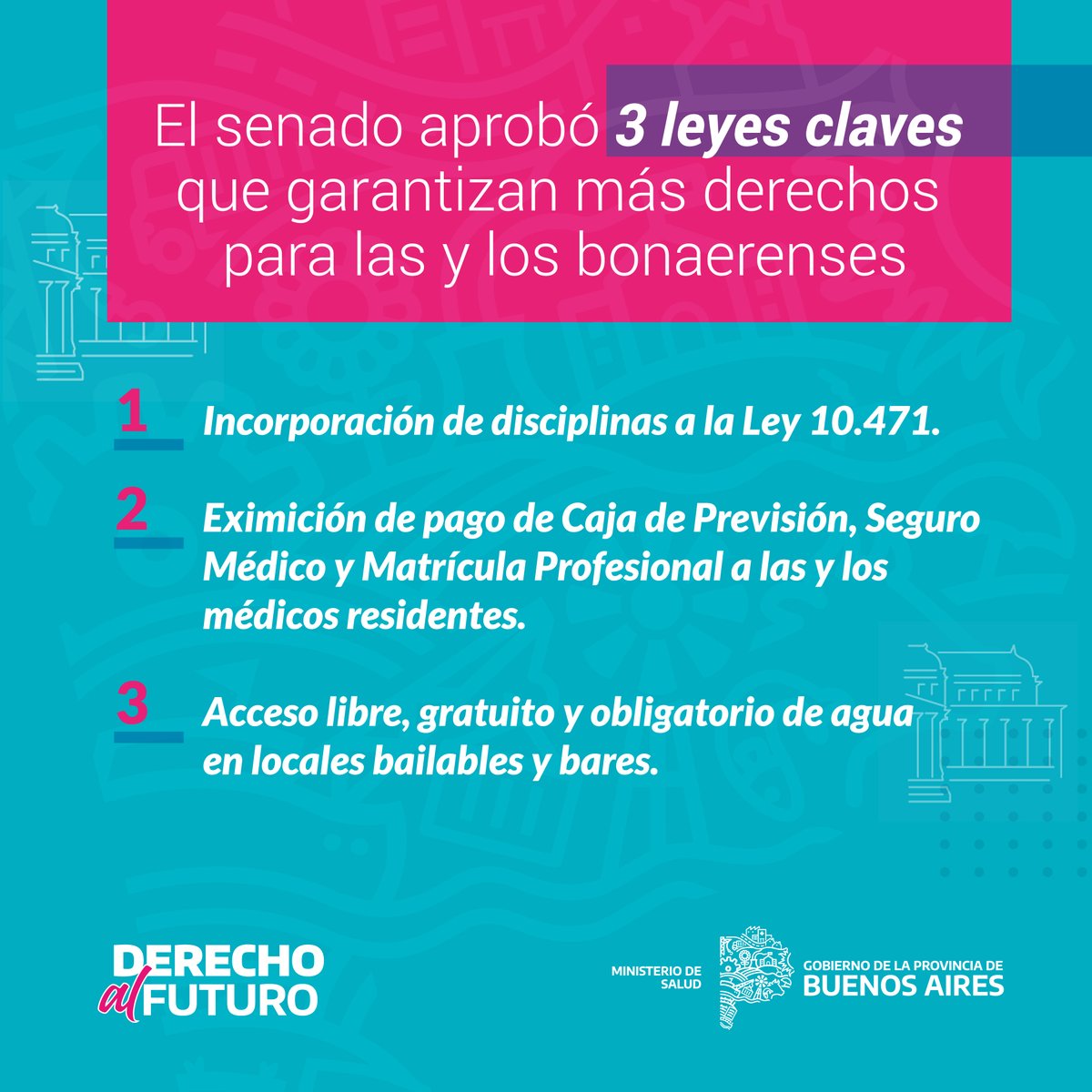 SaludBAP's tweet photo. La Legislatura de @BAProvincia aprobó 3 proyectos de ley prioritarios:

1⃣ Ley de excepción y de incorporación de disciplinas a la Ley 10471
2⃣ Ley para eximición de pagos a residentes
3⃣ Ley de acceso libre y gratuito al agua en locales bailables y bares

https://t.co/a0igHr1X11 https://t.co/cFjUIcvNfL
