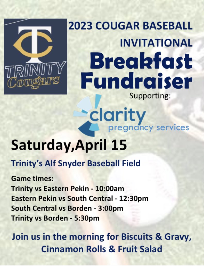 TLHSBaseball's tweet photo. This Saturday we will be hosting our Cougar Invitational. Our parents will be providing breakfast (free will donations) with all proceeds going toward Clarity Pregnancy Services in Seymour. https://t.co/UmtUmqT8O0