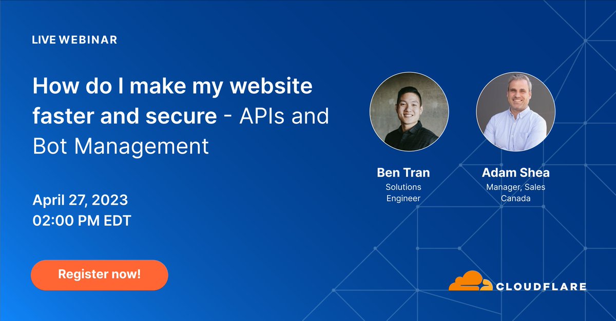 Cloudflare's tweet photo. We get asked this question all the time: How do I make my website faster and more secure? Join us for this webinar to learn how simple it is to manage your APIs and get better performance without compromising on security. https://t.co/jo2xac3KrA https://t.co/QKrrguexDM