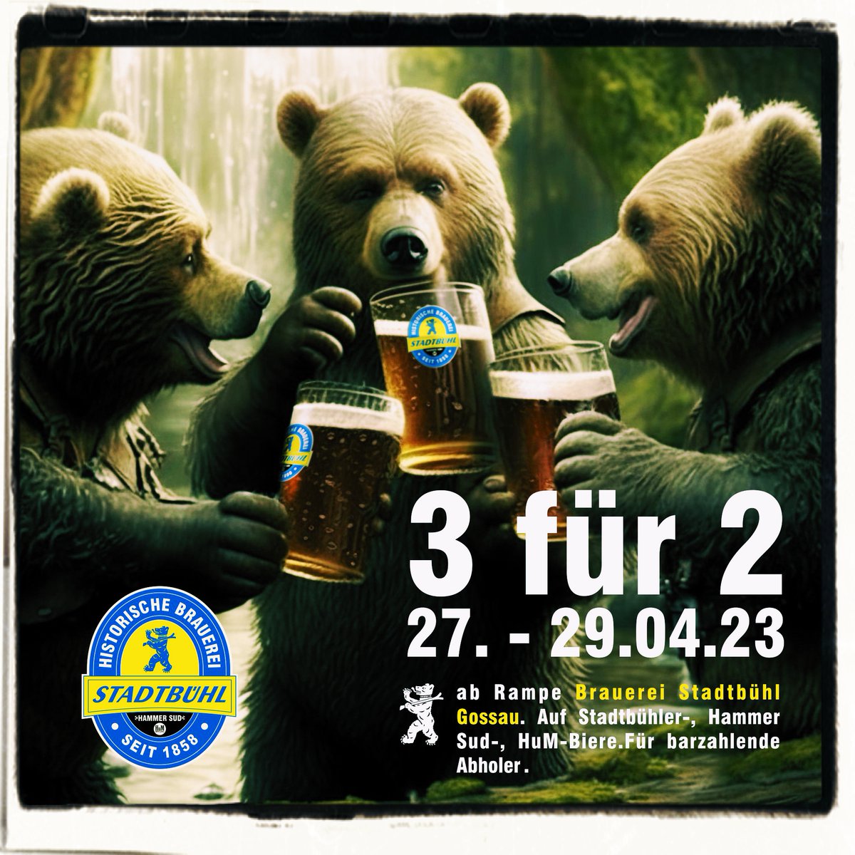 Stadtbuehler's tweet photo. 3 für 2 Aktion vom 27.04.2023 bis 29.04.2023
@Rampe Brauerei Stadtbühl AG.
(Auf das ganze Stadtbühler Bier-Sortiment (Stadtbühler Bier, Hammer Sud &amp; HuM).
Nur für barzahlende Abholer.
Harass-Pass gilt für diese Aktion nicht.
KEG &amp; Geschenksartikel sind nicht Teil der Aktion. https://t.co/yBLNjOHOCK