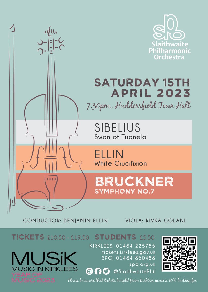 SlaithwaitePhil's tweet photo. Just 2 days to our next concert. 15th April, Huddersfield Town Hall at 730pm. Bruckner 7, Swan of Tuonela and White Crucifixion with the fabulous Rivka Golani!  #SPO131 #Slawit #Huddersfield #LiveMusic #Bruckner #Sibelius #Ellin #Viola #RivkaGolani #Classical #Orchestra #KYOM23 https://t.co/2RQY1gFUeW