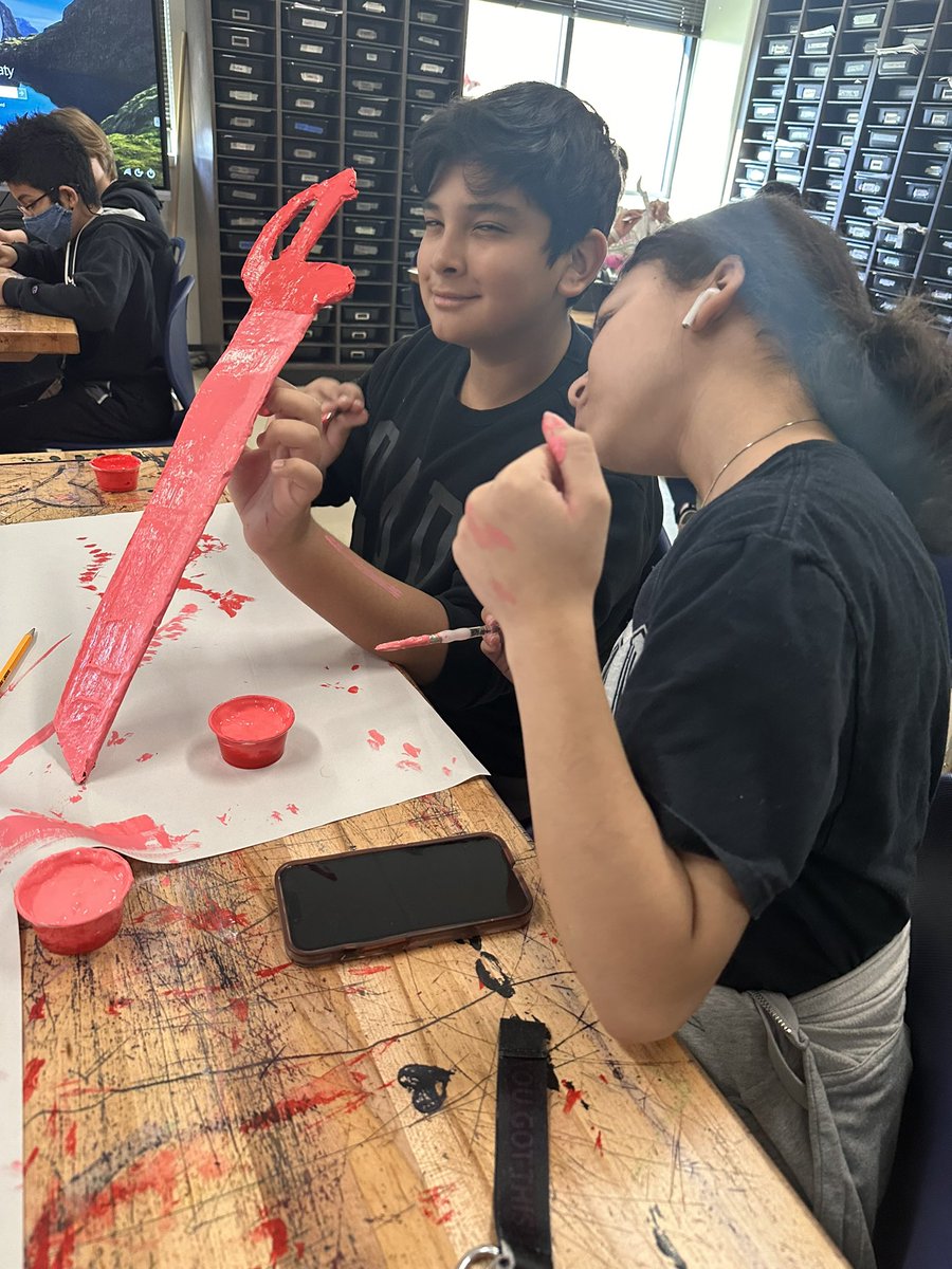 This week in #artclass- as reward for great behavior and all work being turned in on time, students get to create #papermache swords! Students sketch their ideas, measure, cut and create all on their own! The #creativity has been amazing!