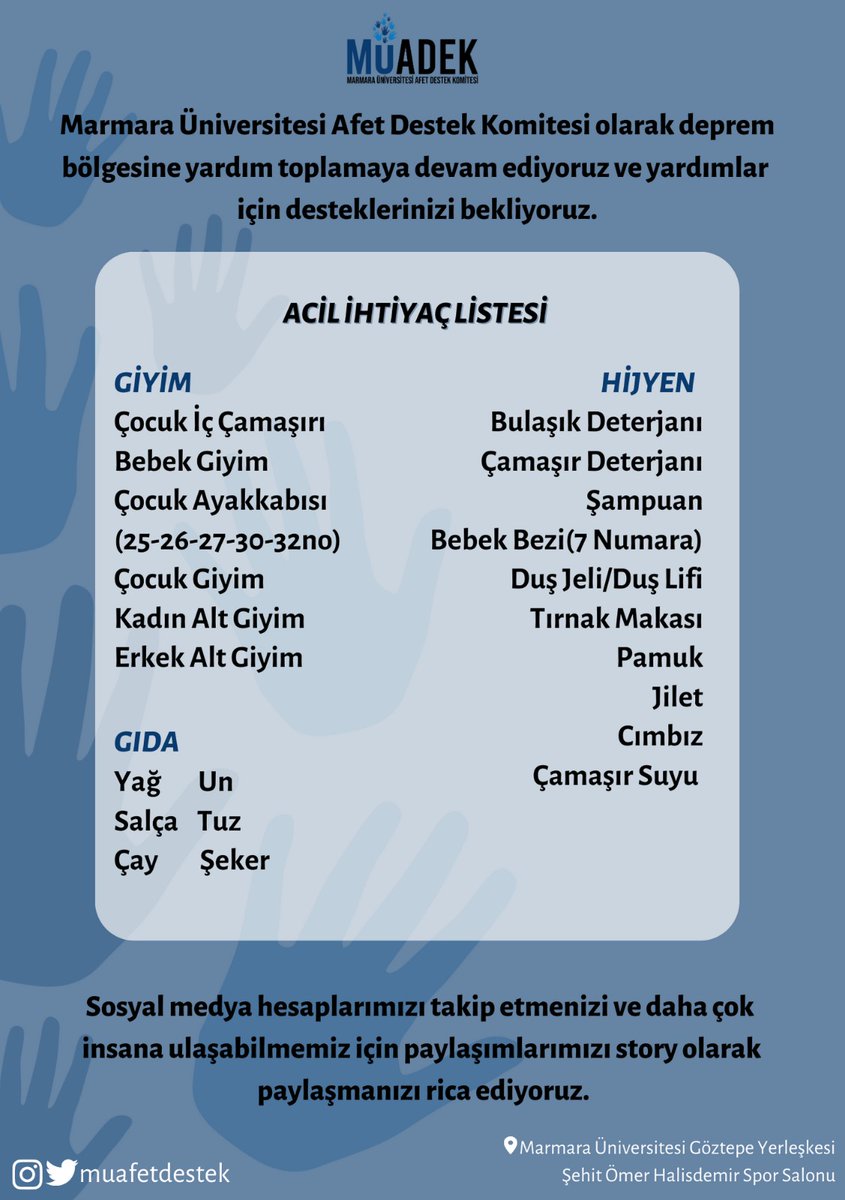 Arkadaşlar, lütfen deprem bölgesine destek vermeye devam edelim. Marmara Üniversitesi, Şehit Ömer Halisdemir Spor Salonunda (Göztepe Yerleşkesi) yardım toplamaya devam ediyor. Milletimize tekrar geçmiş olsun...