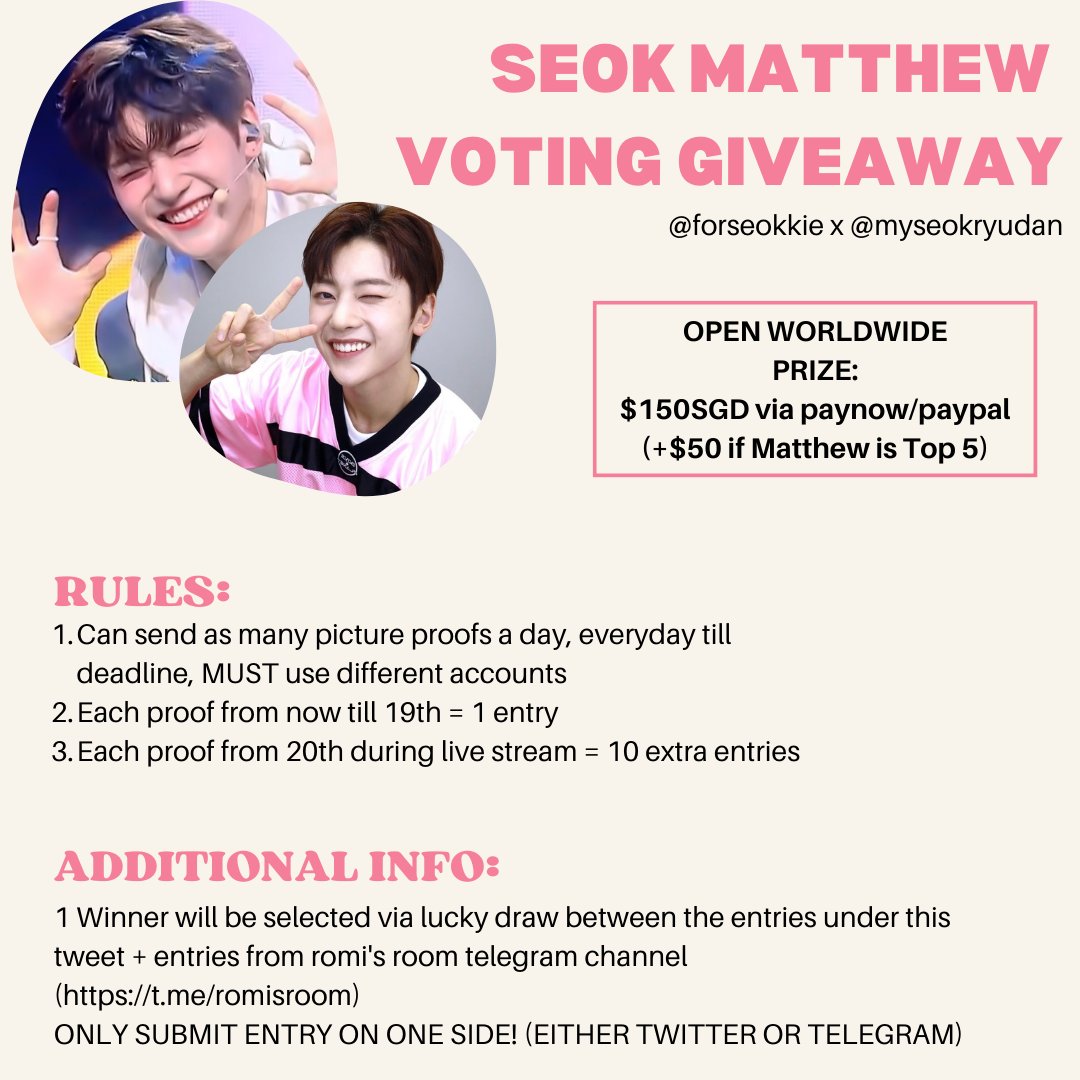 forseokkie's tweet photo. SEOK MATTHEW VOTING GIVEAWAY
@forseokkie x @myseokryudan collaboration

╰┈➤ WORLDWIDE GIVEAWAY
╰┈➤ PRIZE: $150 SGD VIA PAYNOW/PAYPAL (EXTRA + $50 IF MATTHEW IS IN TOP 5)
╰┈➤ YOU CAN DROP PROOFS IN REPLIES AS A THREAD

#석매튜 #SEOKMATTHEW #보이즈플래닛 #BOYSPLANET https://t.co/csUkFFvVzJ
