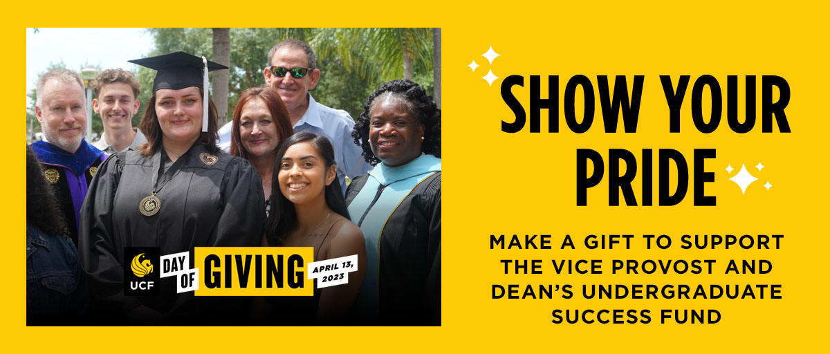 UCF_VPDeanBerry's tweet photo. Never given to UCF? Make your first gift between 11:00 and 12:00 p.m. to put the College of Undergraduate Studies in the running for $1,000 in bonus funds. Consider making a gift to the CUGS Vice Provost and Dean’s Excellence Fund.

#UCFDayofGiving 

https://t.co/RCdcloWtzO https://t.co/rcDFh8ZoqL