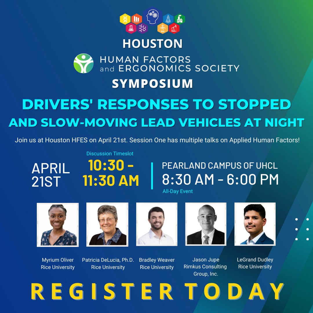 HoustonHfes's tweet photo. Join us at Houston HFES on April 21st. We would like to highlight a talk by  Myrium Oliver, Patricia DeLucia, Bradley Weaver, Jason Jupe, and LeGrand Dudley from Rice University. Their talk will discuss driving safety. Register today to attend this event: https://t.co/7OYizR6f6Z https://t.co/5aQol4Av83