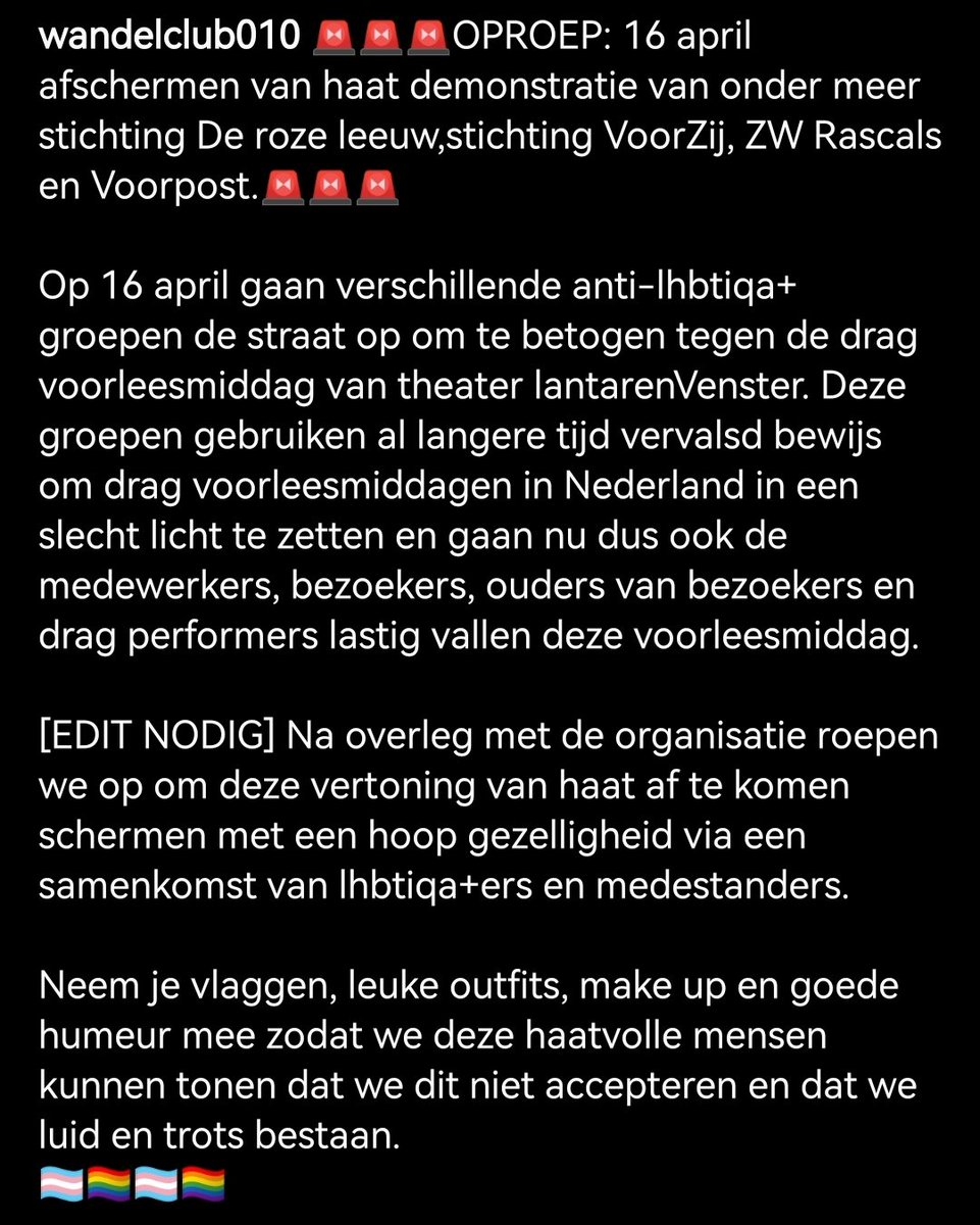 LAMBIK_'s tweet photo. [Via wandelclub010]
Aankomende zondag 16 april willen extreemrechtse organisaties demonstreren tegen een drag voorleesmiddag. Laten we met zoveel mogelijk mensen komen om ze te laten zien dat wij nog altijd met meer zijn!!! https://t.co/E2YPpcrfjH