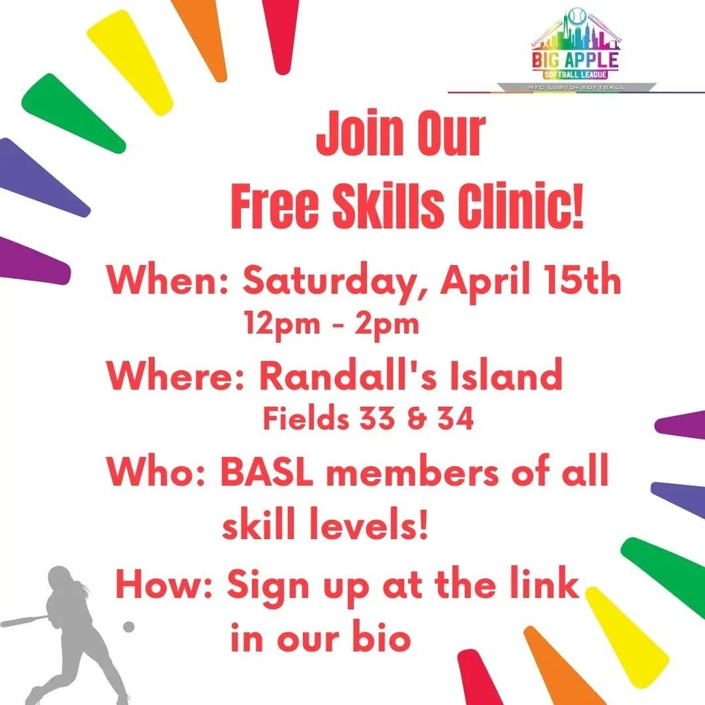 basl_softball's tweet photo. Join us this Saturday, April 15th, from 12pm - 2pm on Randall's Island for a Free skills clinic! Open to BASL members of all skill levels, just bring your bat and glove (limited bats and gloves will be provided for those that need them). Will we see you … https://t.co/cY2ZcBIZ0q https://t.co/t2F2tcpaOi