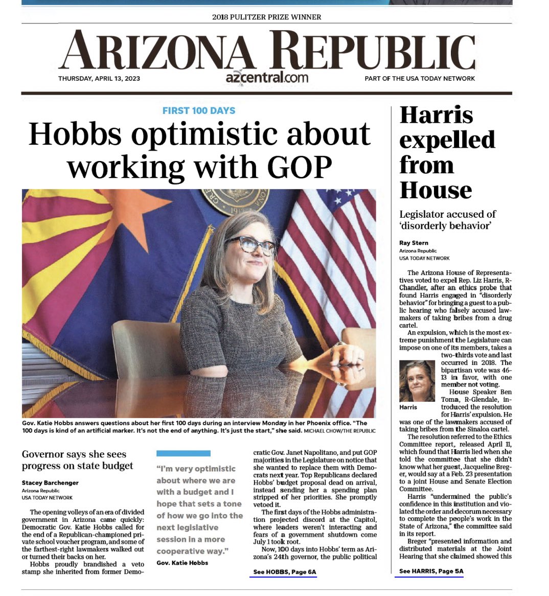 Will_Gaona's tweet photo. Today’s front page: @GovernorHobbs setting the tone for bipartisan cooperation; infamous election denier expelled.

100 days in, sanity is winning. https://t.co/Josu1kzdgV