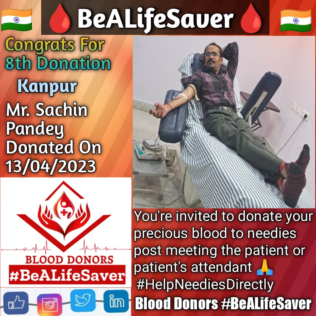 BeALifeSaver1's tweet photo. #Kanpur #BeALifeSaver
#Kudos_Mr_Sachin_Pandey_Ji
#HelpNeediesDirectly
Today's hero
Mr. #Sachin_Pandey Ji donated blood in #Kanpur for the #8thTime for one of the needies. #Heartfelt #Gratitude and #Respect to Sachin Pandey Ji for his blood donation for Patient admitted in Kanpur https://t.co/1VhVaCk07b