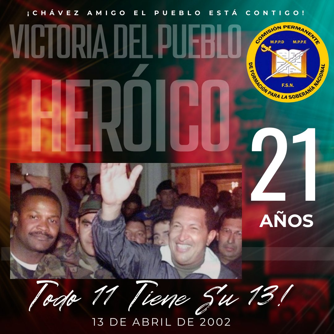 #Efemérides⏩🇻🇪 || El pueblo venezolano mantiene vivo el espíritu del 13 de abril de 2002 que hizo posible la retoma del hilo constitucional. ¡Seguimos juntas y juntos haciendo realidad el sueño de Hugo Chávez de un país mejor para todas y todos! #DíaDeLaDignidad#Todo11TieneSu13