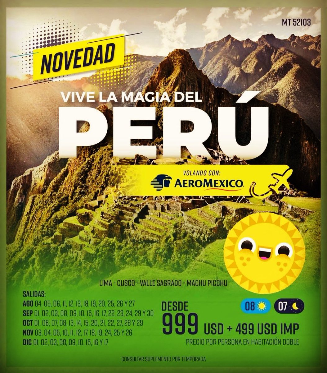 BellaViajesCant's tweet photo. VIVE LA MAGIA DEL PERU!
Más INFO: WhatsApp 📲8131292960.
BellaViajes✈️
.#lima #cusco #Perú #vallesagrado #lima #viajar #viajo #MachuPicchu https://t.co/2GslBubBv6