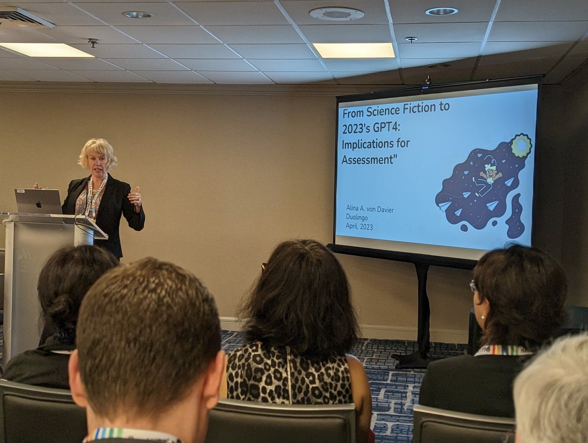 Happening now at #NCME2023! <a href="/AlinaVdav/">dr. alina von davier</a> and colleagues discussing implications of generative models for assessment!