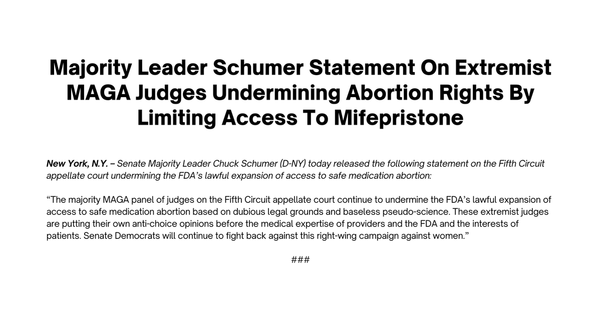SenSchumer's tweet photo. The majority MAGA panel of judges on the Fifth Circuit appellate court continue to undermine the FDA’s lawful expansion of access to safe medication abortion based on dubious legal grounds and baseless pseudo science. https://t.co/VfpPJzaTV7