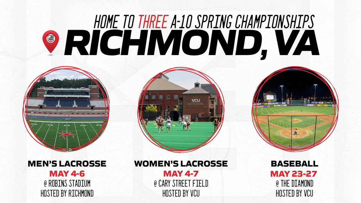 Hey #RVA folks!

The A-10 #A10MLAX, #A10WLAX and #A10BASE 🏆 Championships come to the Richmond Region in May!

Join us & @VisitRichmond as @SpiderAthletics & @VCUAthletics host these fan-friendly championships with NCAA Tournament bids on the line!

📰: atlantic10.com/news/2023/4/13…