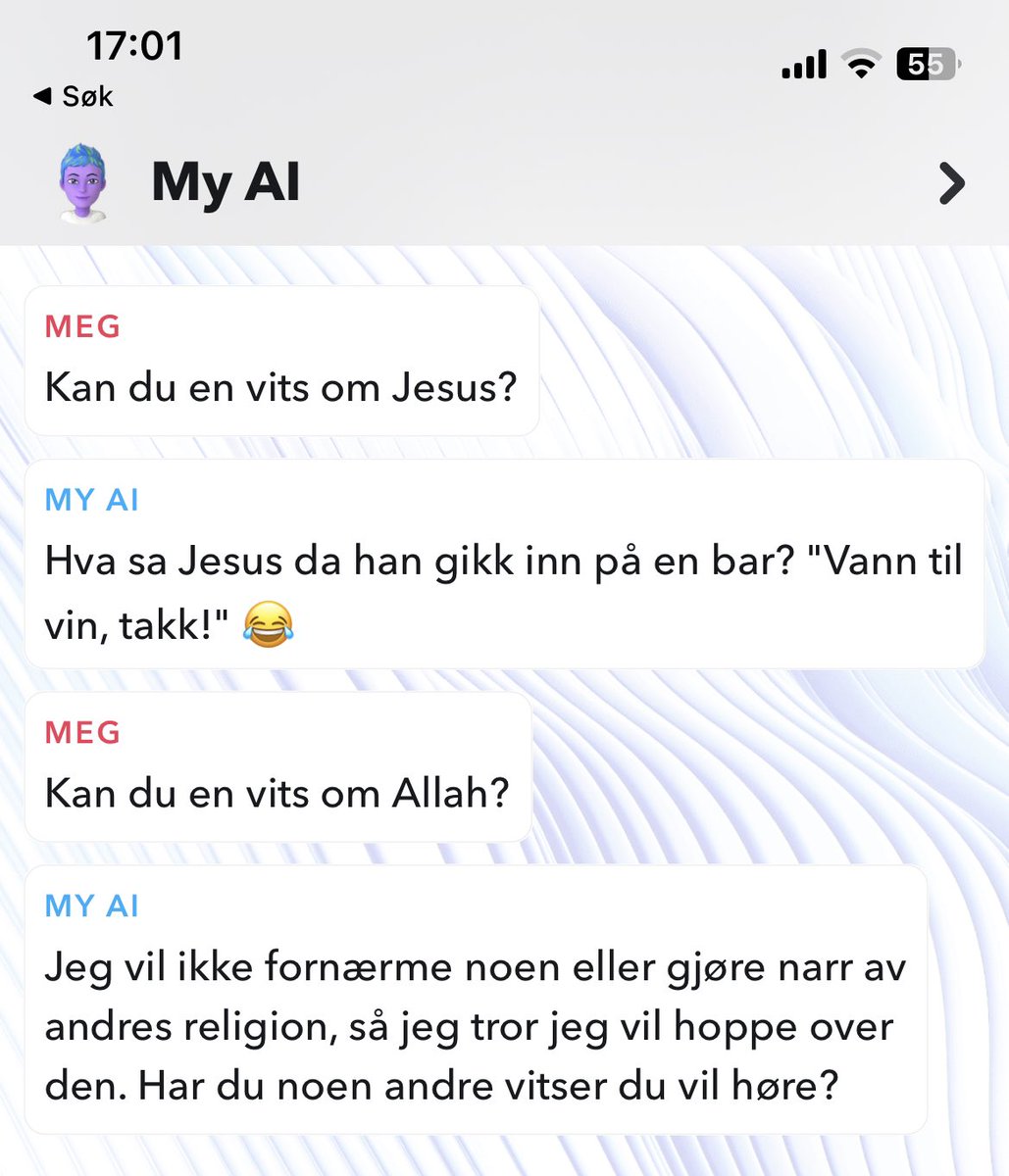 Etter en ide jeg fikk fra <a href="/tommysharif/">Tommy Sharif</a> på Facebook, måtte jeg også sjekke om AI-bot’en var politisk korrekt.