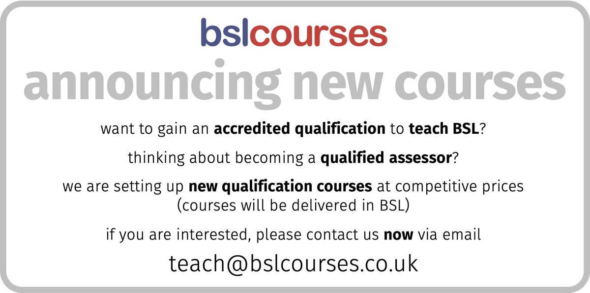 bslcourses's tweet photo. Exciting news! We are announcing new courses!
If you would like to become qualified to teach BSL, or to become an assessor, drop us an email now: teach@bslcourses.co.uk https://t.co/OS6xYodkU8