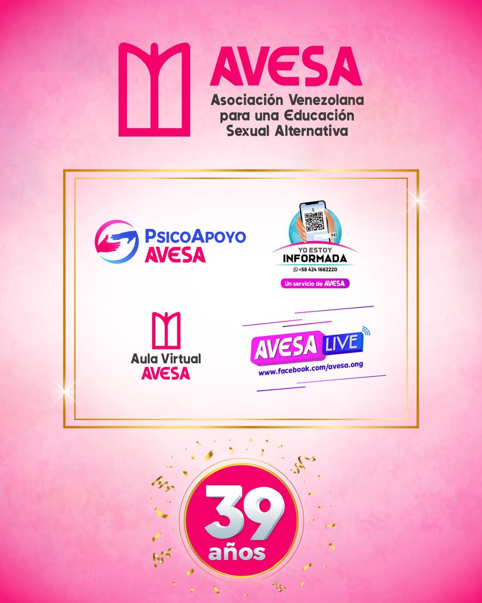 AVESA_ONG_VZLA's tweet photo. Nuestros servicios:
#PsicoApoyoAvesa atención psicológica
#YoEstoyInformada: información en DS y DR
#AvesaLive: encuentros
#AulaVirtualAvesa: sensibilización y capacitación

Estamos de aniversario: 39 años.
#Avesa39Años, #TuVozEsTuPoder, #YoEstoyInformada, #PsicoApoyoAvesa https://t.co/PZofgj1UyE
