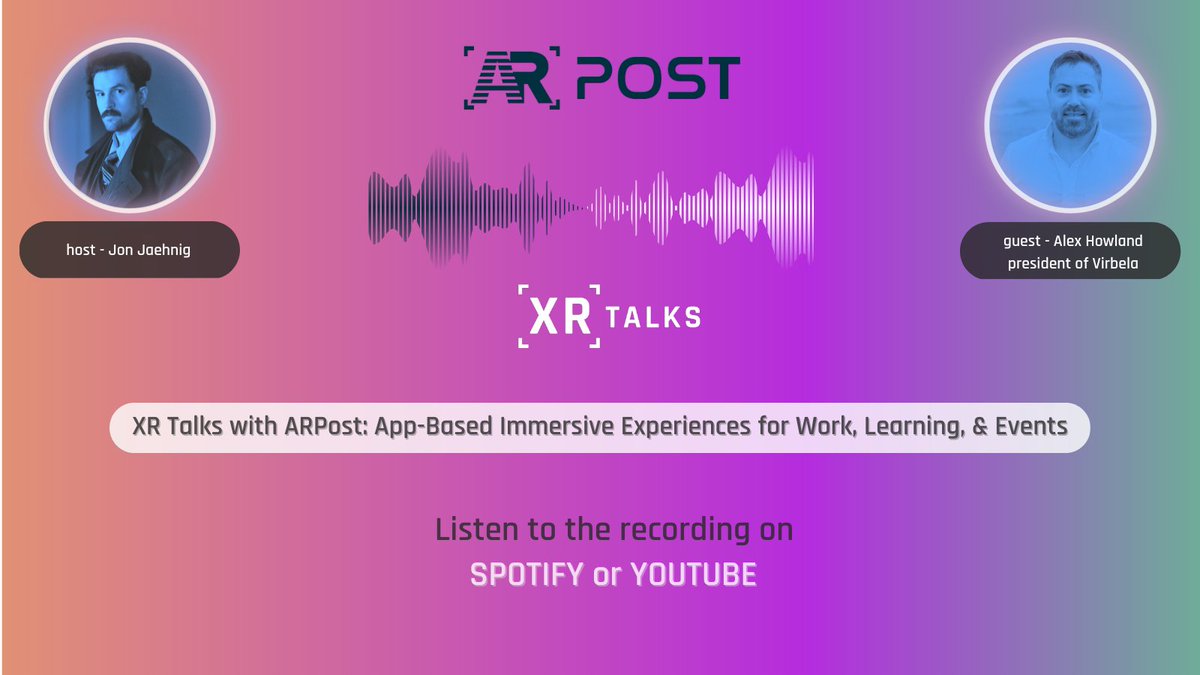 If you missed yesterday’s #XRTalks with the co-founder and president of <a href="/VirbelaHQ/">Virbela</a>, <a href="/DrAlexHowland/">Alex Howland</a>, live on #TwitterSpaces, you can listen to the recording now on:

Spotify – bit.ly/XRTalksEp6Spot… 
YouTube – youtube.com/watch?v=dtZQpw…

#XR #immersiveexperiences #VR #virtualreality