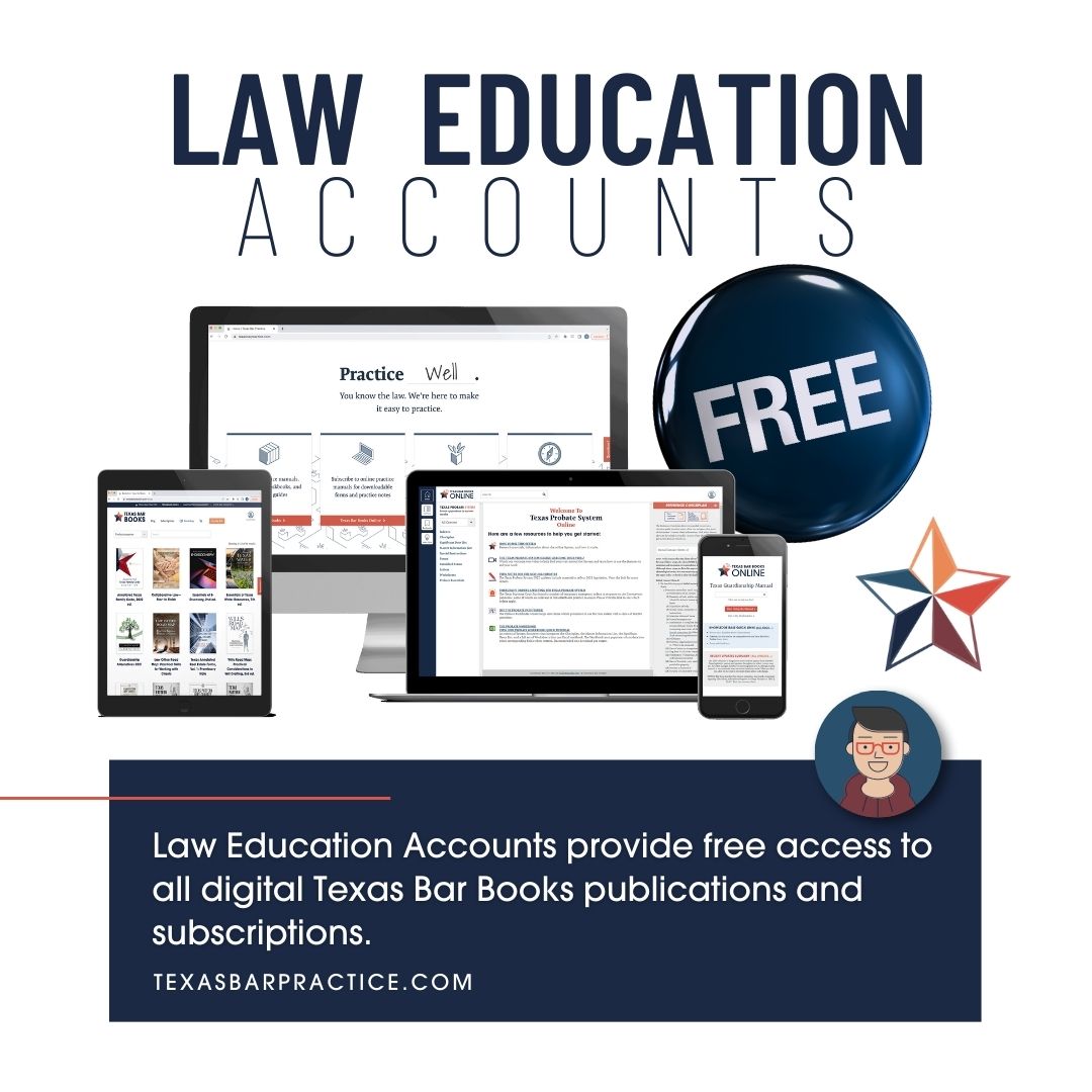 TxBarPractice's tweet photo. Sign up for a Texas Bar Practice law education account using your university email address, and gain access to our library in a digital or online format. Watch this video to learn more about this free benefit. https://t.co/fxPlGHN2S2 #legaleducation #statebaroftexas https://t.co/XtU66NNnzG