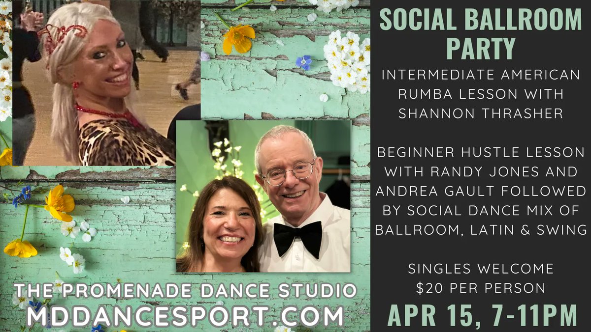 MDYogaDoc's tweet photo. Saturday enjoy a Social #Ballroom Party with Shannon Thrasher, Randy Jones, and Andrea Gault! All levels and singles are welcome! $20 per person

You can visit #thePromenade #DanceStudio at 
https://t.co/oLO6Ub5vDA!

#marylanddance #danceevents #socialdance #danceclasses https://t.co/hXTVS5p4wT