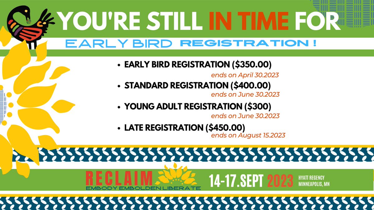 Early bird registration is quickly approaching. Make sure to save your spot before the April 30 deadline!
Register now >community.elca.org/Reclaim-Gather…

Let's connect this Sept.14-17, 2023 in Minneapolis MN.
#Reclaim #AfricanDescentMinistries #Embolden #Embody #Liberate