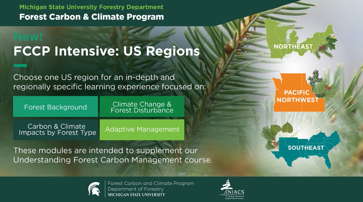 Our new intensive courses are beginning on May 9th! The FCCP Intensive: US Regions are short online learning experiences designed to take learners beyond the basics of forest carbon science. Register now! bit.ly/39keZCj
<a href="/TheNIACS/">Northern Institute of Applied Climate Science</a> <a href="/MSU_Forestry/">MSU Forestry</a>