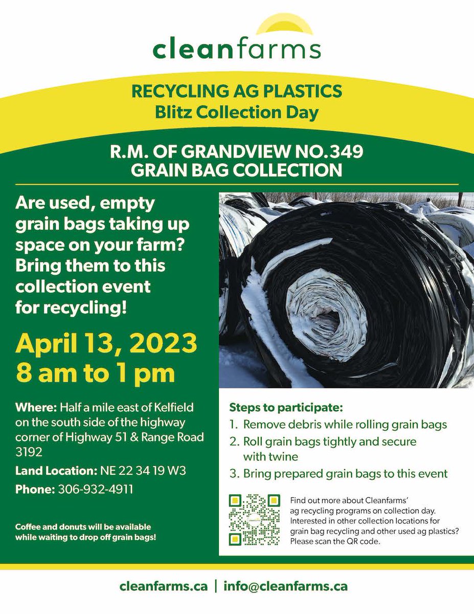 Cleanfarms's tweet photo. RM of Grandview's grain bag collection BLITZ is today-Apr. 13 - to 1 p.m. Please bring your empty, rolled grain bags! Our SK Program Advisor is here to answer questions about grain bag &amp; other ag recycling.
Thank you for participating &amp; helping get these grain bags to recycling! https://t.co/TBnLZ3aN5z