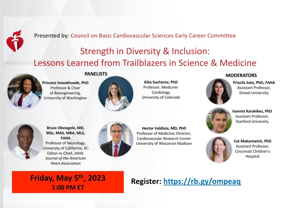 Basic Cardiovascular Sciences (BCVS) Early Career (@bcvsearlycareer) on Twitter photo š£ Our next webinar šÆšļø
Strength in Diversity & Inclusion
Join our moderators Drs <a href="/psatolab/">Sato Lab š«</a> <a href="/CatMak23/">Cat Mak</a> <a href="/IKarakikes/">Ioannis Karakikes</a> and our fantastic panelists for a discussion that will š¦ lessons valuable for all scientists in our community šÆš
RSVP š rb.gy/ompeaq
<a href="/AHAScience/">AHA Science</a> š£ Our next webinar šÆšļø
Strength in Diversity & Inclusion
Join our moderators Drs <a href="/psatolab/">Sato Lab š«</a> <a href="/CatMak23/">Cat Mak</a> <a href="/IKarakikes/">Ioannis Karakikes</a> and our fantastic panelists for a discussion that will š¦ lessons valuable for all scientists in our community šÆš
RSVP š rb.gy/ompeaq
<a href="/AHAScience/">AHA Science</a>