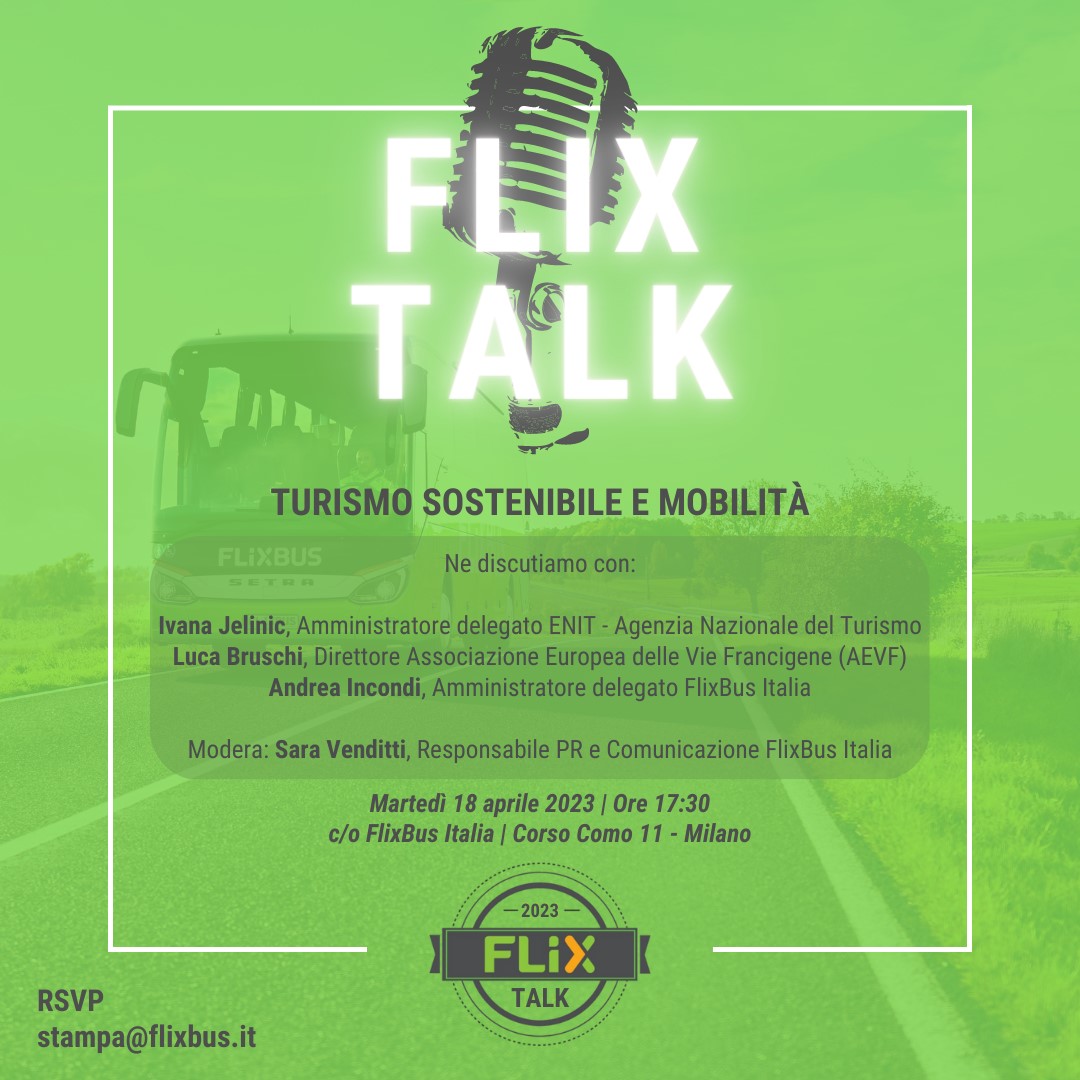 CaliseRoberto's tweet photo. Martedì 18 aprile 2023 alle ore 17:30 presso la sede di @FlixBus_IT in Corso Como 11, Milano, avrà luogo il primo #flixtalk. Si discuterà di turismo e mobilità con Ivana Jelinic di @ENIT_italia, Luca Bruschi di @ViaFrancigenaEU e @Incondi di @FlixBus_IT. Modera @SaraVenditti7 https://t.co/pjO8QozEmv
