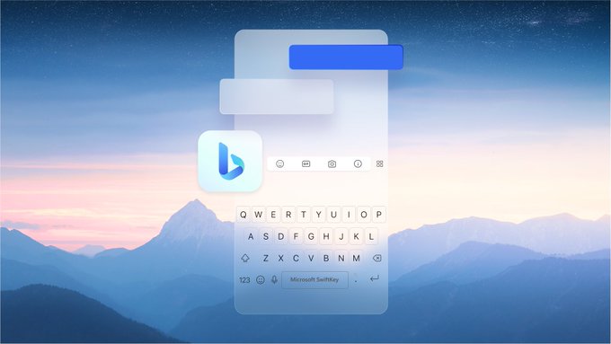 Bing logo and SwiftKey keyboard overlaid a photo of a sunrise over a mountain. 