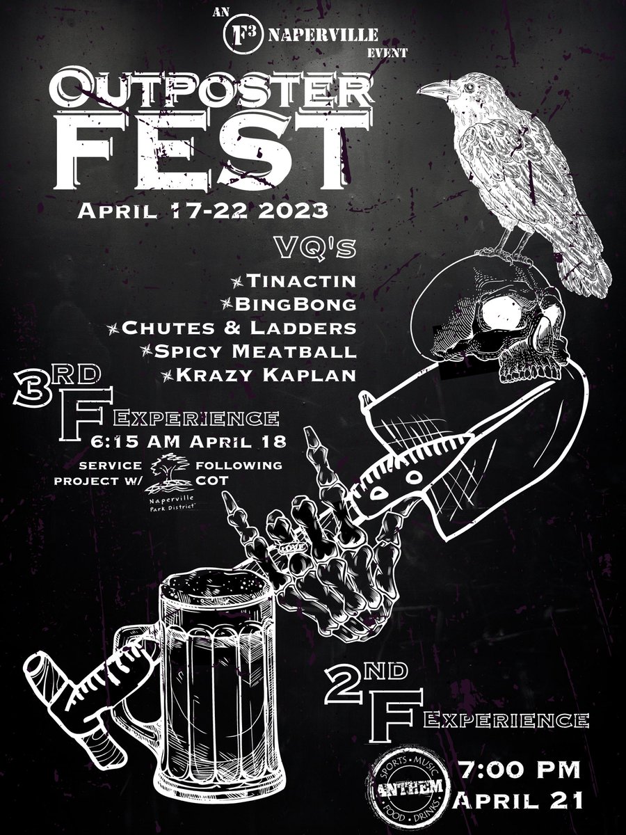 Hey <a href="/F3Nation/">F3</a>, can you help us solve a debate? <a href="/F3Naperville/">F3 Naperville</a> is wondering if a region has had 5 VQ’s in a single week before. One of our 9 AO’s <a href="/F3_Outpost/">F3Outpost</a> will accomplish that all by themselves next week during the inaugural #OutposterFest!