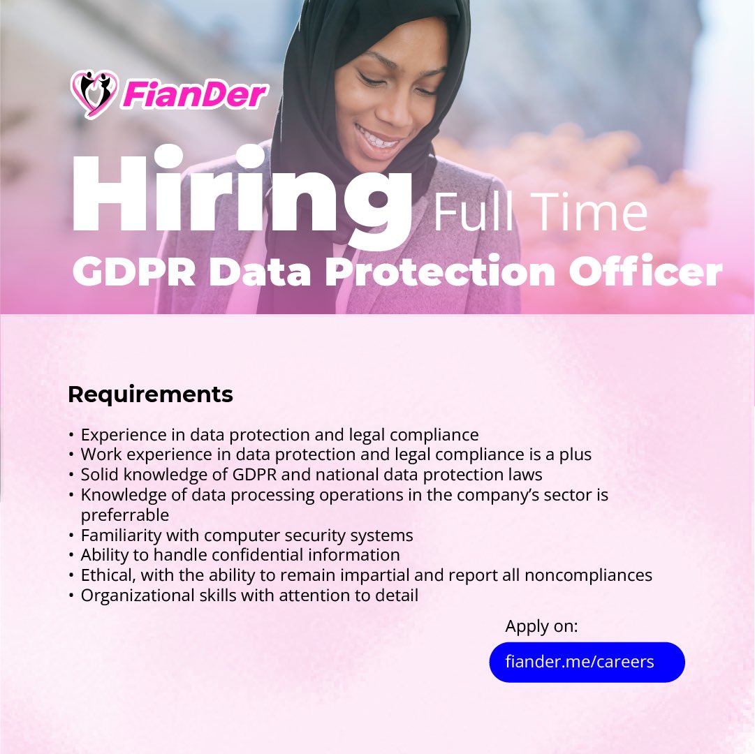 We are hiring!!! #FianDerApp is seeking a data protection officer to make sure your love life stays confidential. Apply now to help us protect hearts and data 😁 from getting broken. #DataProtection 

fiander.me/jobs/gdpr-data…